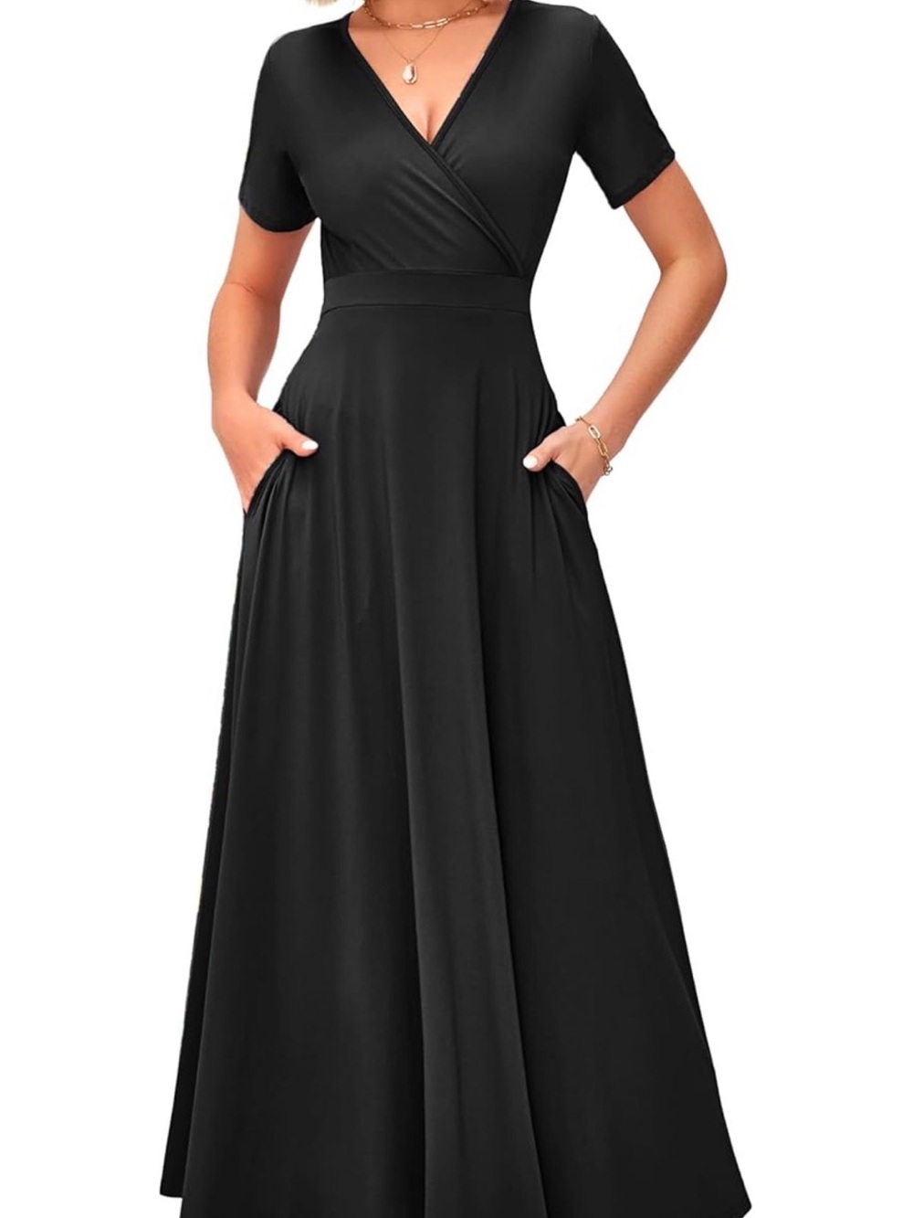 Black V-Neck Short-Sleeve Maxi Dress with Pockets
